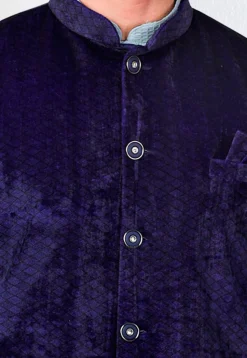Woven Velvet Jacquard Nehru Jacket in Navy Blue