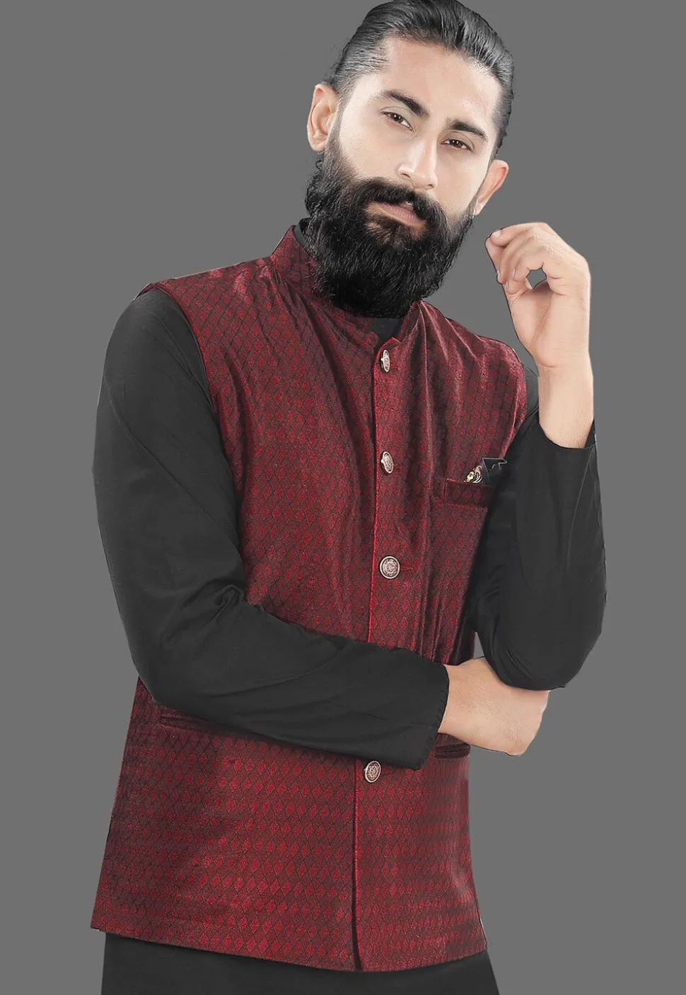 Woven Velvet Nehru Jacket in Maroon