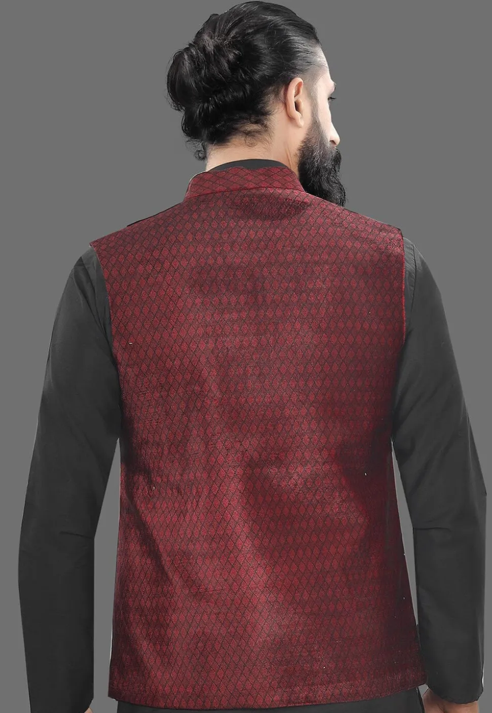 Woven Velvet Nehru Jacket in Maroon