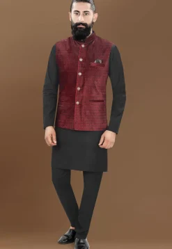 Woven Velvet Nehru Jacket in Maroon