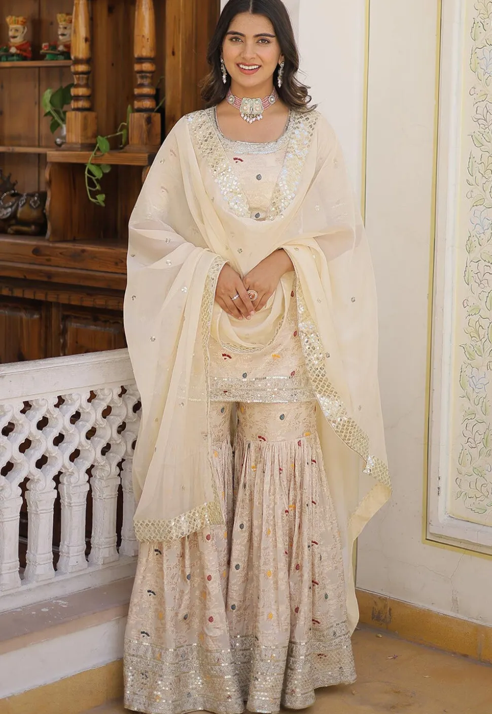 Woven Viscose Jacquard Pakistani Suit in Off White