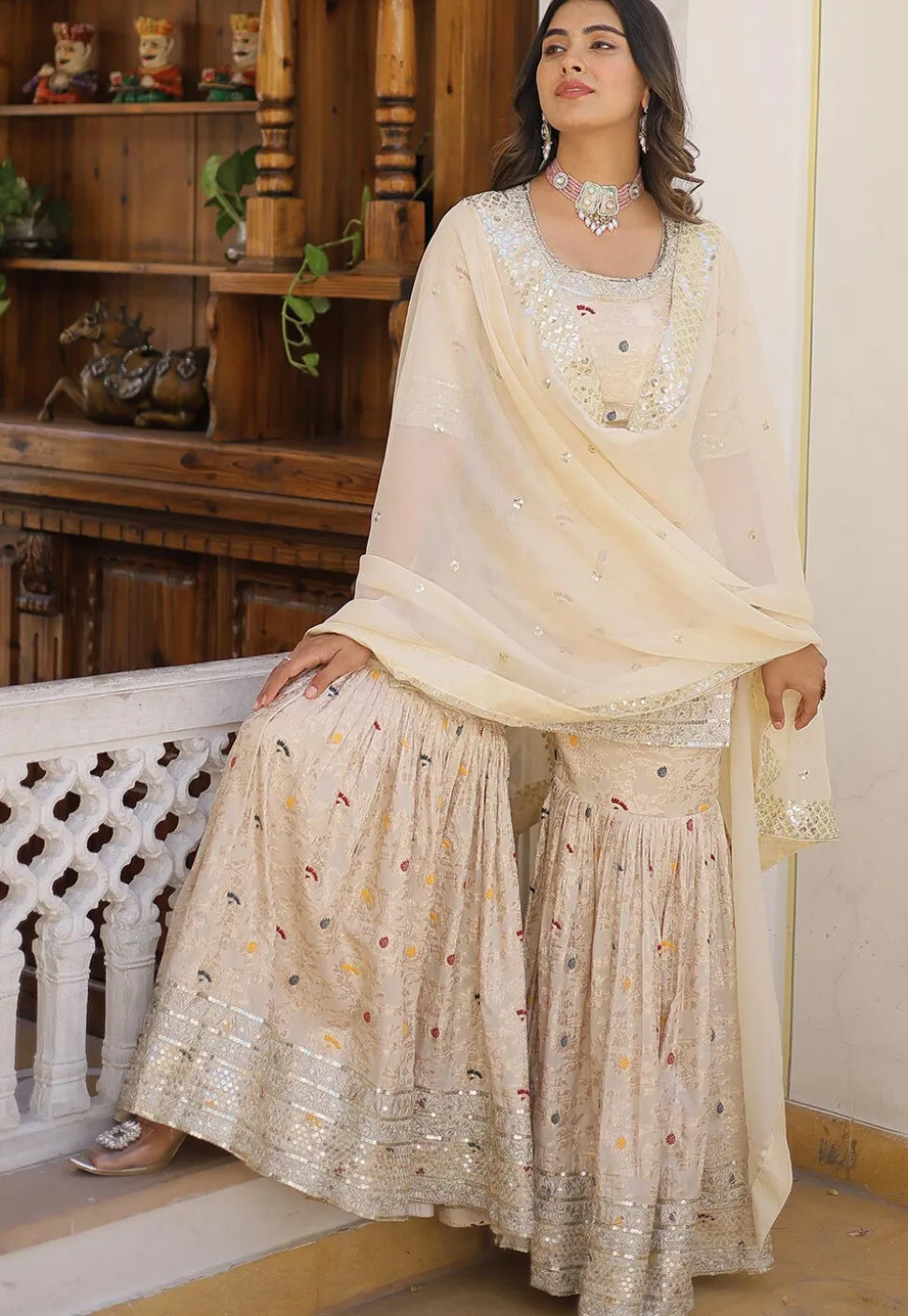 Woven Viscose Jacquard Pakistani Suit in Off White