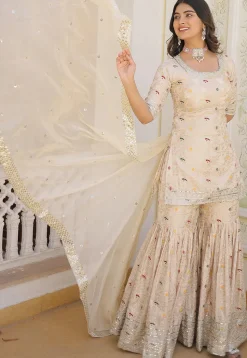 Woven Viscose Jacquard Pakistani Suit in Off White