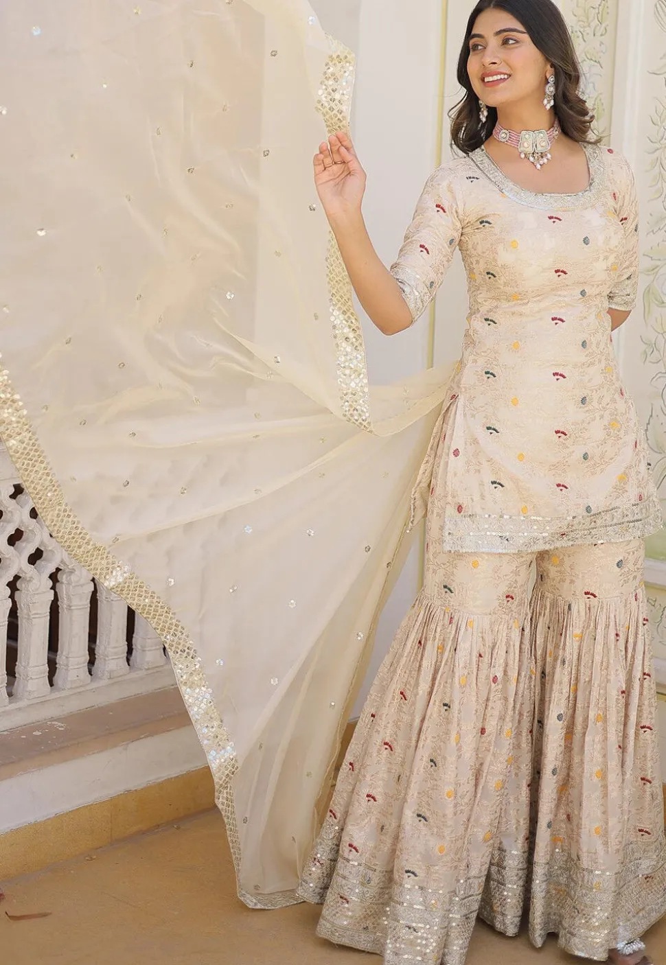 Woven Viscose Jacquard Pakistani Suit in Off White