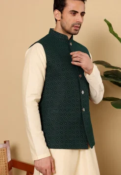 Woven Viscose Rayon Kurta Set in Light Beige and Dark Green