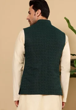 Woven Viscose Rayon Kurta Set in Light Beige and Dark Green