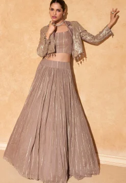 Woven Viscose Silk Jacquard Lehenga in Fawn