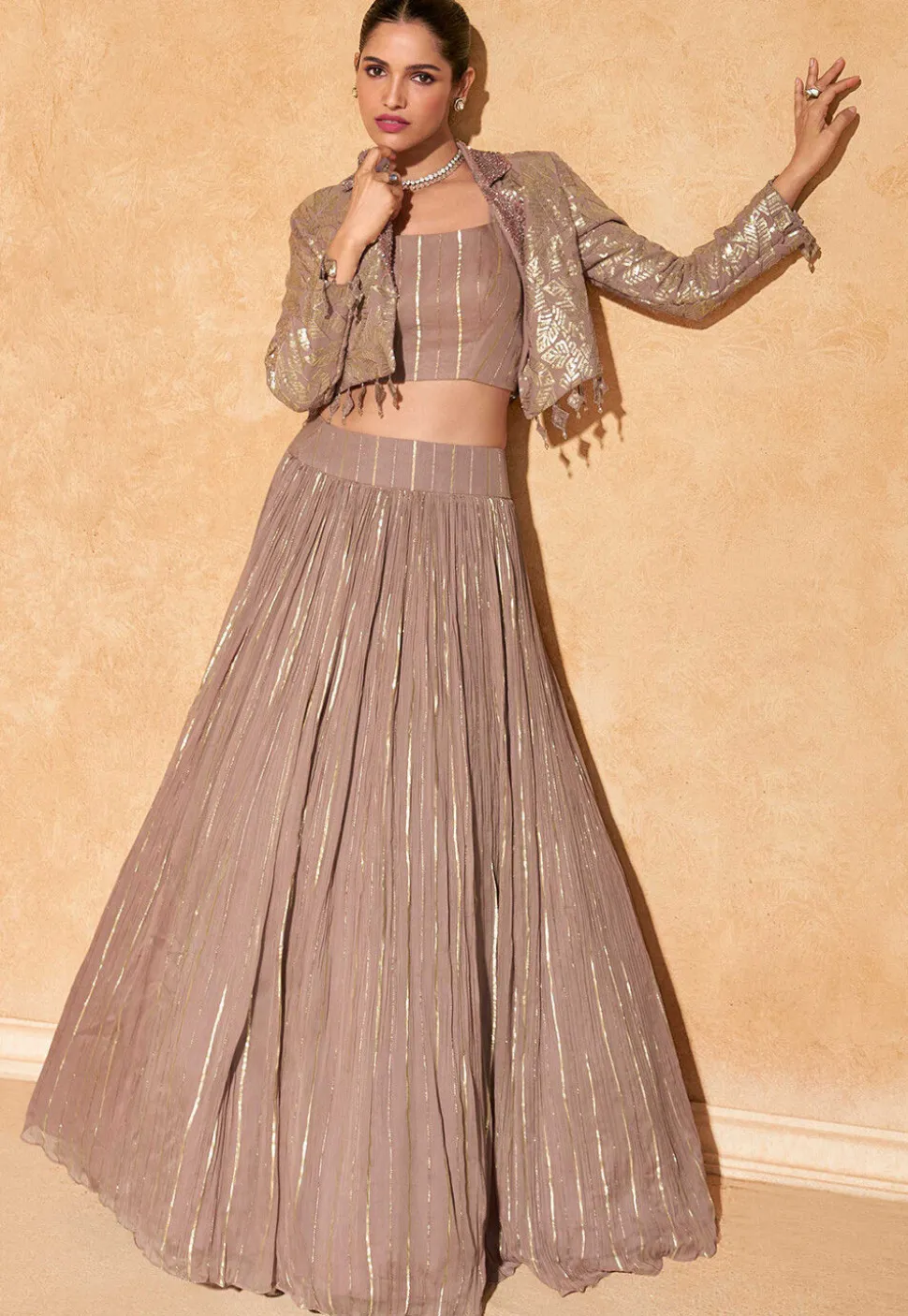Woven Viscose Silk Jacquard Lehenga in Fawn