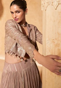 Woven Viscose Silk Jacquard Lehenga in Fawn