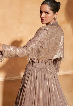Woven Viscose Silk Jacquard Lehenga in Fawn