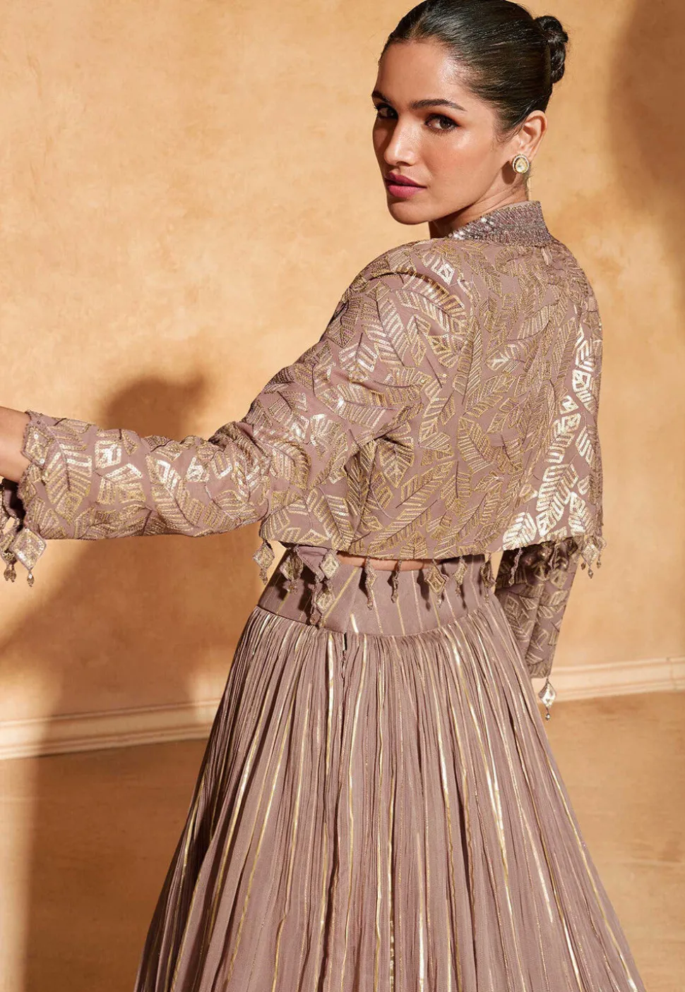Woven Viscose Silk Jacquard Lehenga in Fawn