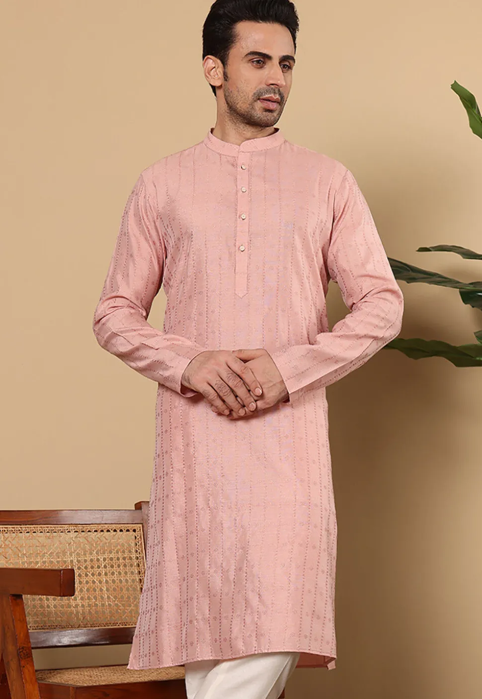 Woven Viscose Silk Kurta in Peach