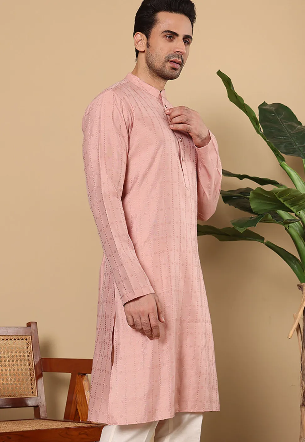 Woven Viscose Silk Kurta in Peach