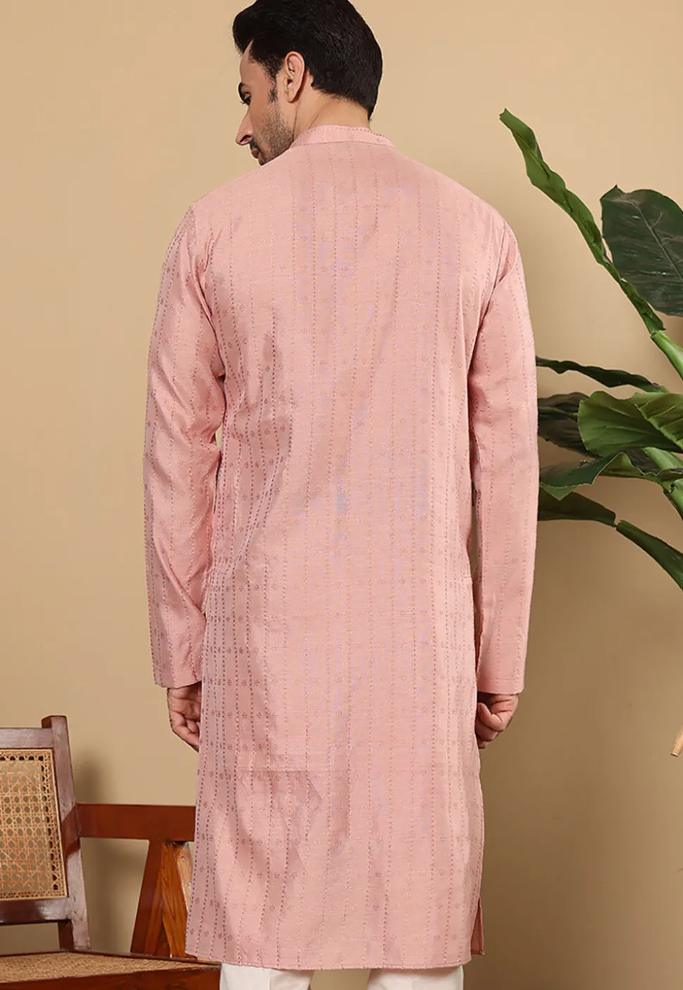 Woven Viscose Silk Kurta in Peach