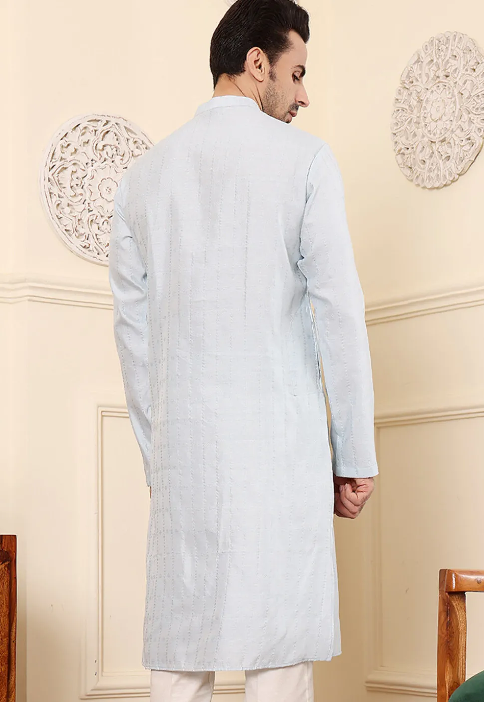 Woven Viscose Silk Kurta in Light Blue