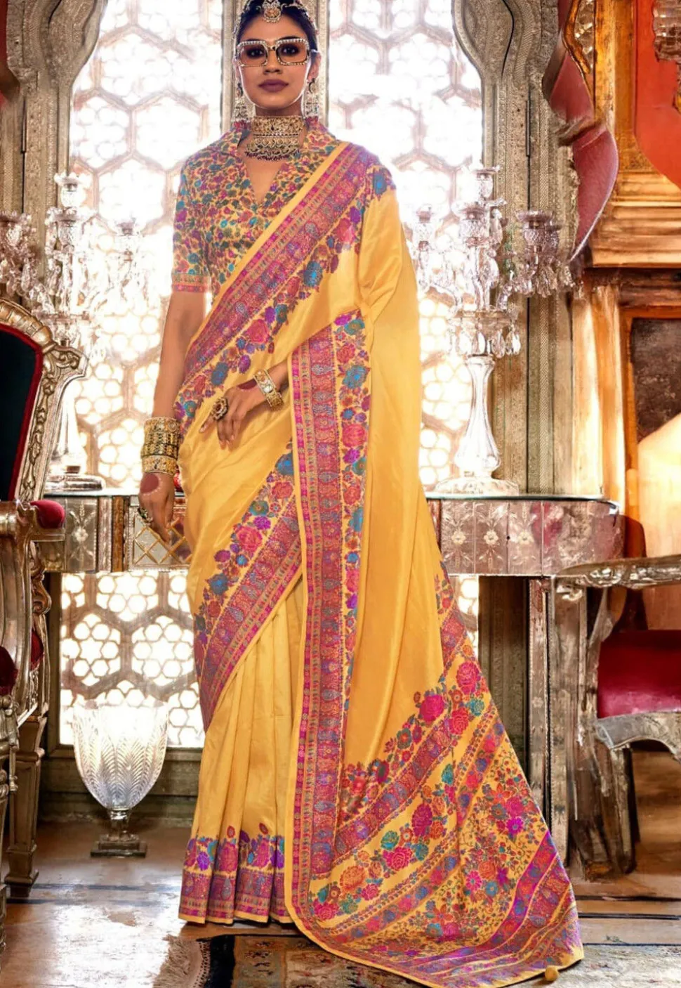 Woven Viscose Silk Saree in Yellow