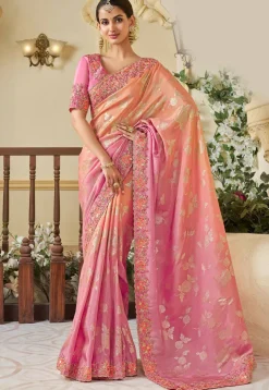 Woven Viscose Tissue Jacquard Scalloped Saree in Shaded Peach and Pink