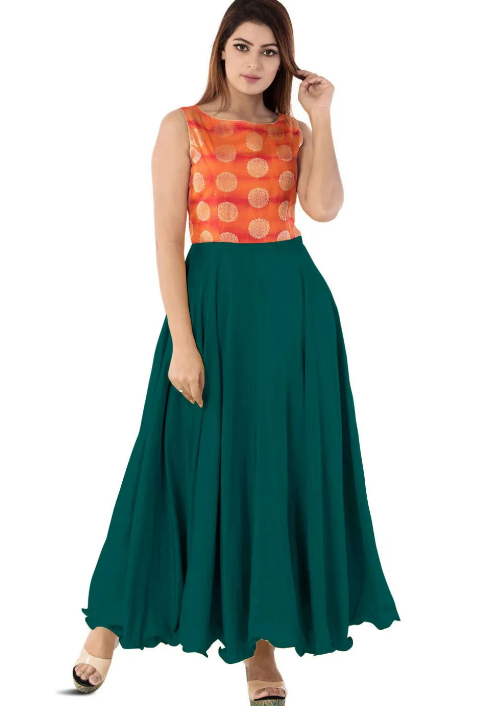 Woven Yoke Art Silk Circular Gown in Dark Teal Green