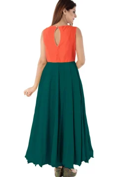 Woven Yoke Art Silk Circular Gown in Dark Teal Green
