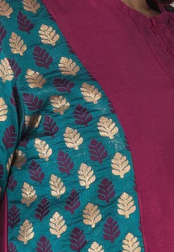 Woven Yoke Cotton Silk Front Slit A Line Suit in Magenta