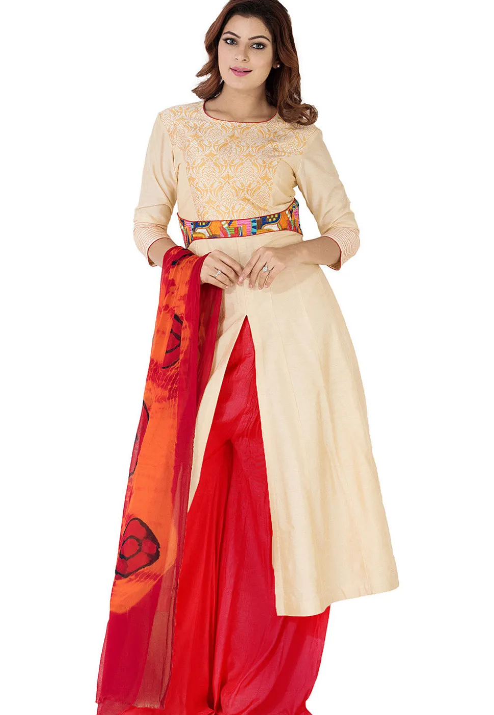 Woven Yoke Cotton Silk Front Slit A Line Suit in Beige