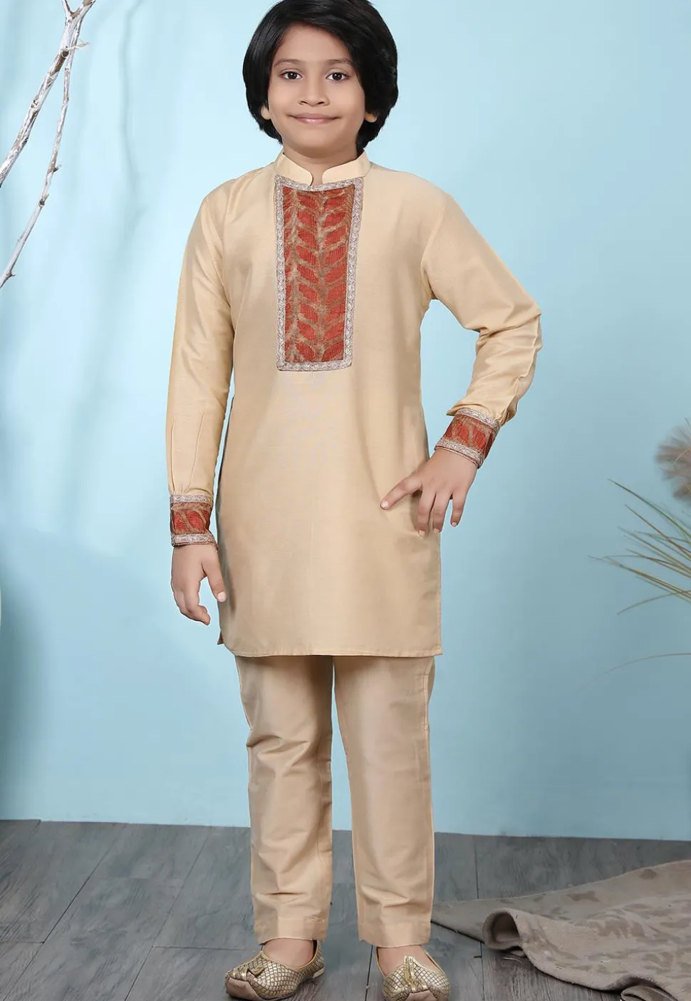 Woven Yoke Cotton Silk Kurta Set in Beige