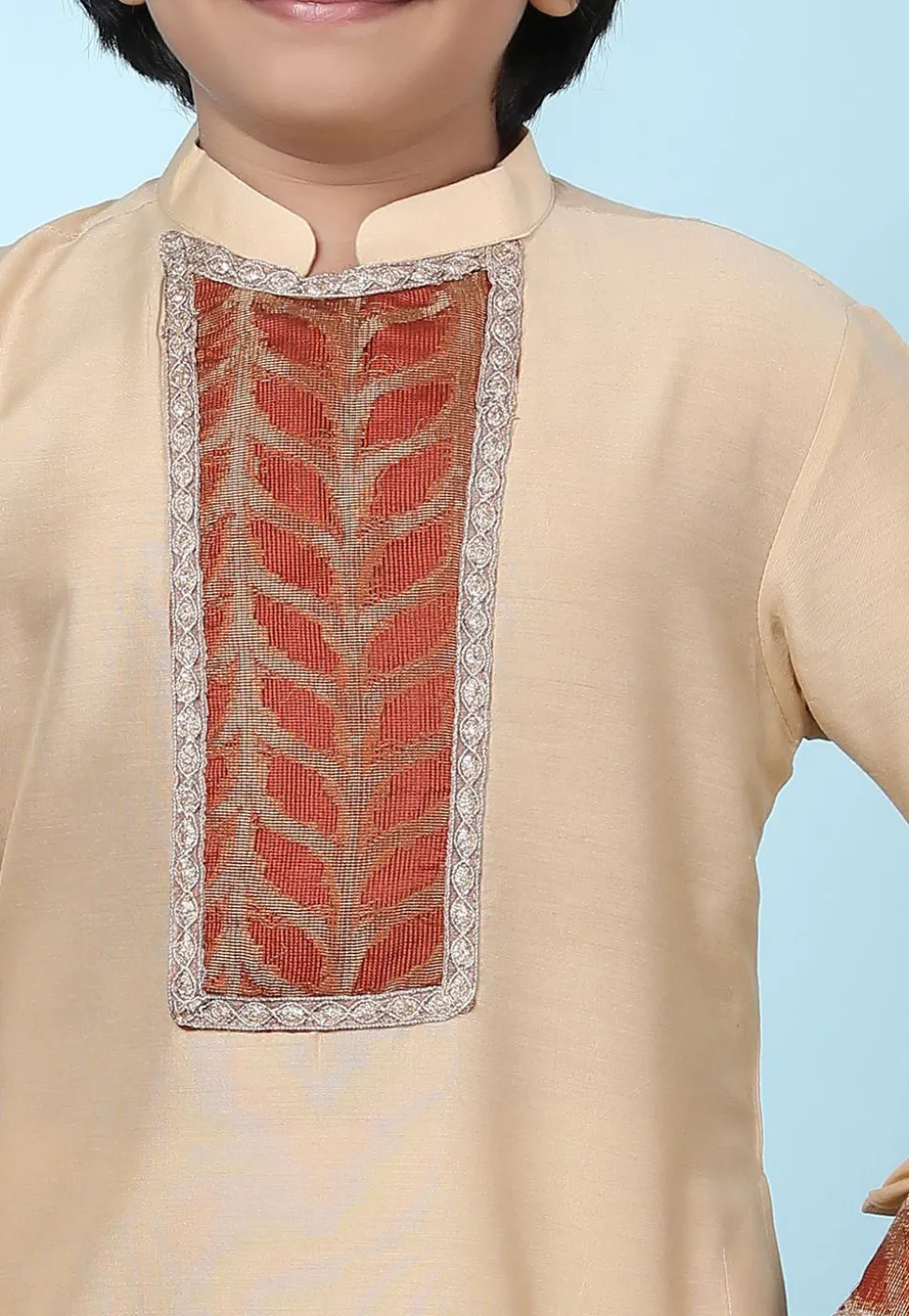 Woven Yoke Cotton Silk Kurta Set in Beige