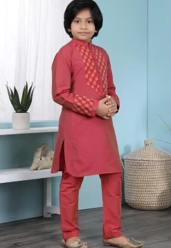 Woven Yoke Cotton Silk Kurta Set in Coral Pink