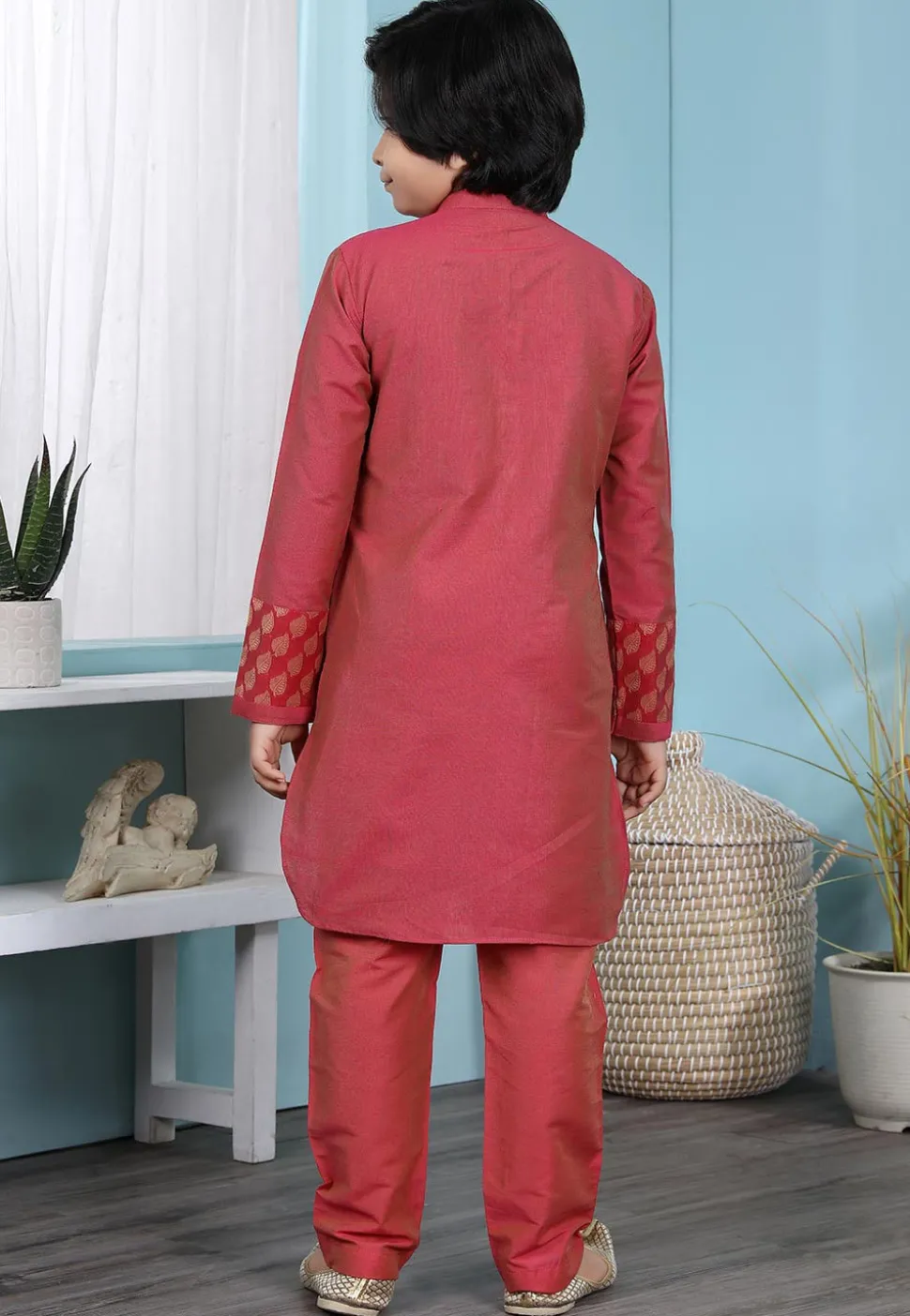 Woven Yoke Cotton Silk Kurta Set in Coral Pink