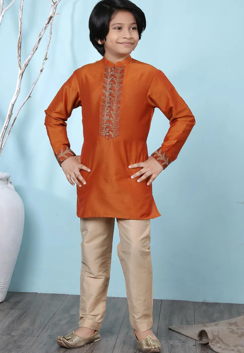 Woven Yoke Cotton Silk Kurta Set in Rust
