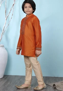Woven Yoke Cotton Silk Kurta Set in Rust