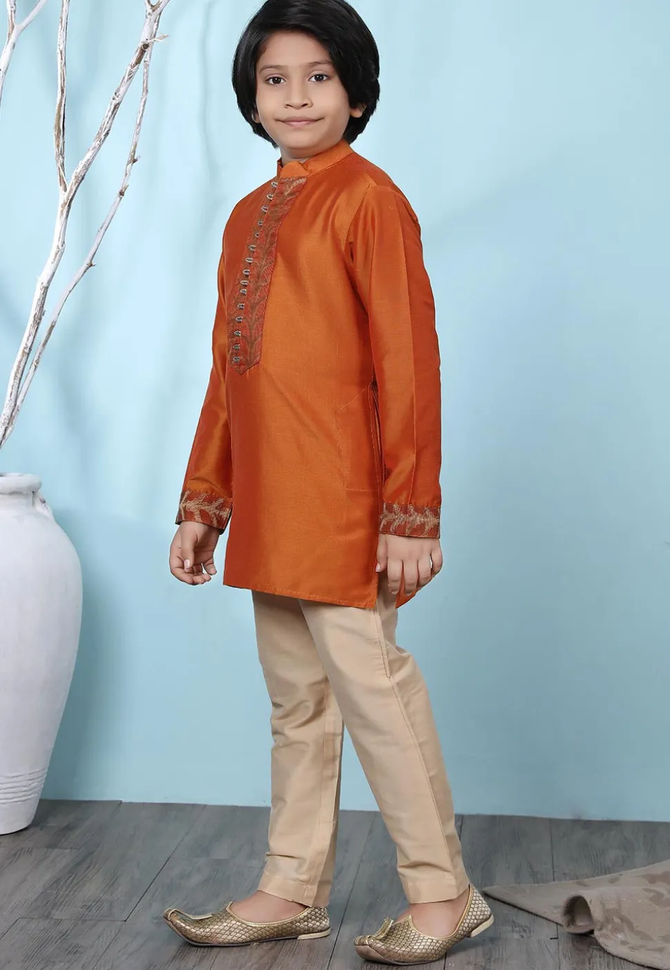 Woven Yoke Cotton Silk Kurta Set in Rust