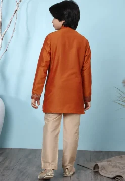 Woven Yoke Cotton Silk Kurta Set in Rust
