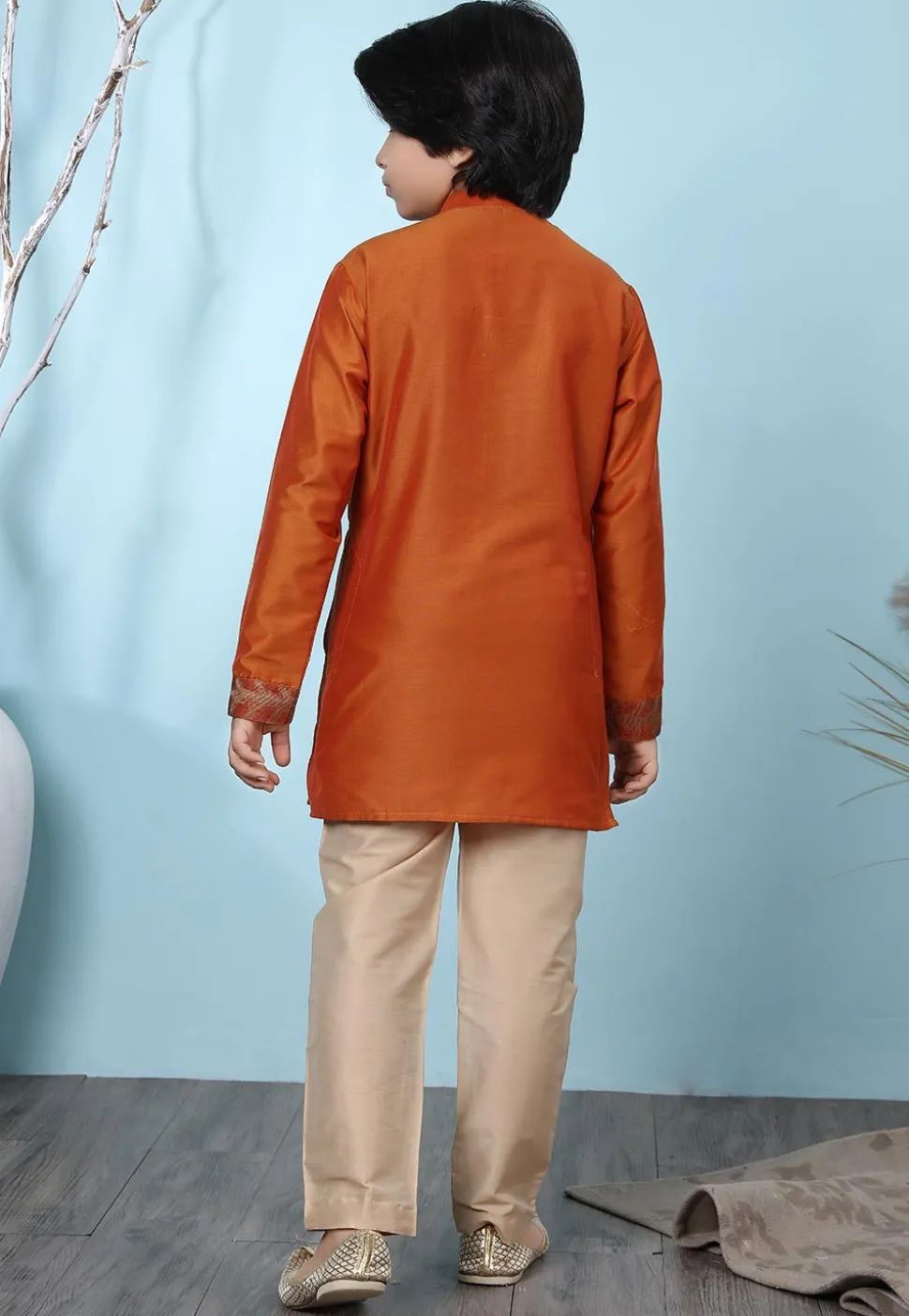 Woven Yoke Cotton Silk Kurta Set in Rust
