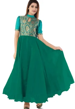Woven Yoke Dupion Silk Circular Gown in Dark Green and Teal Blue