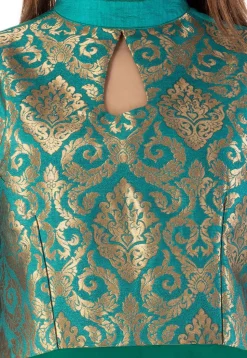 Woven Yoke Dupion Silk Circular Gown in Dark Green and Teal Blue