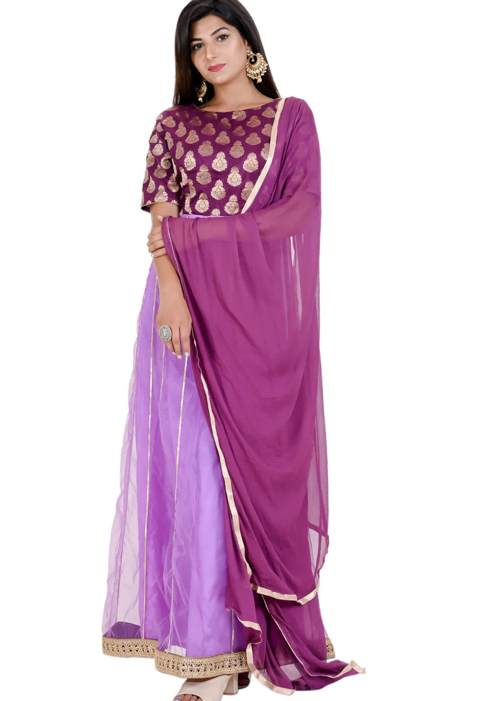 Woven Yoke Net Abaya Style Suit in Purple