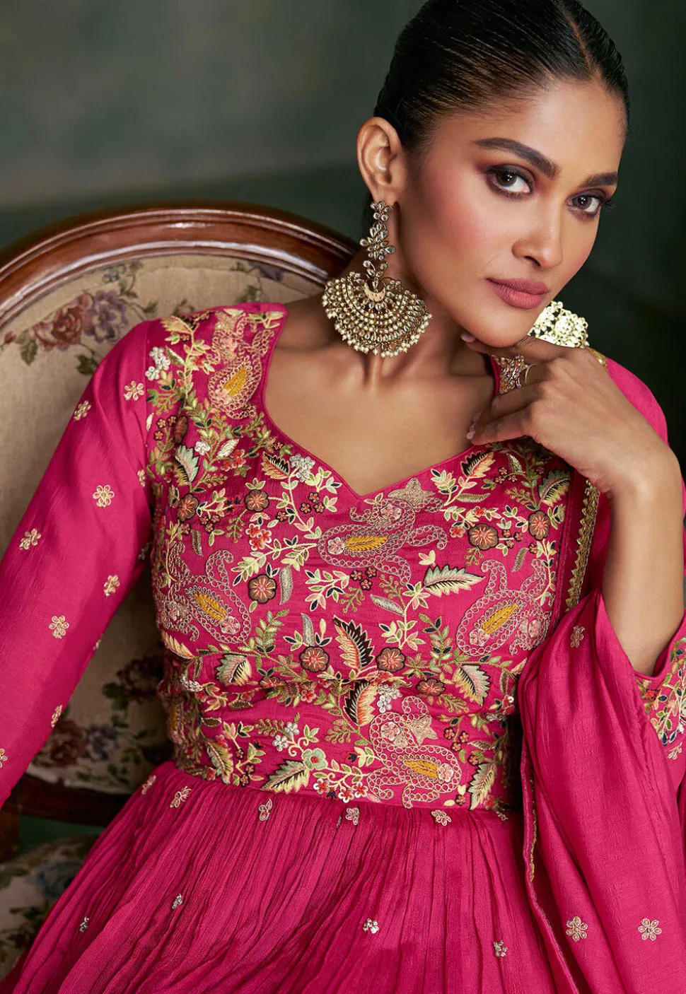 Zardosi Art Silk Abaya Style Suit in Pink